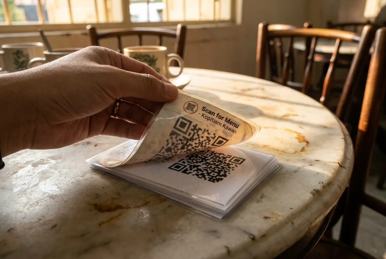 Tangan mengupas kad meja kod QR yang pudar dan lusuh dari meja restoran untuk gantikan dengan kad baru yang dicetak kemas