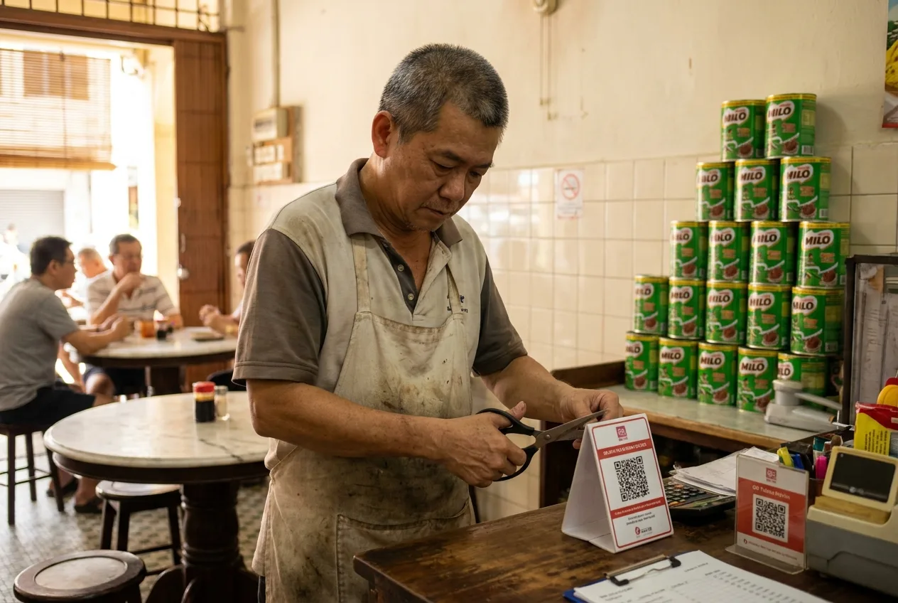 Seorang pemilik restoran memakai apron sedang mengetip kad meja kod QR yang baru dicetak dengan gunting di kaunter kayu sebuah kedai kopi kecil di Malaysia