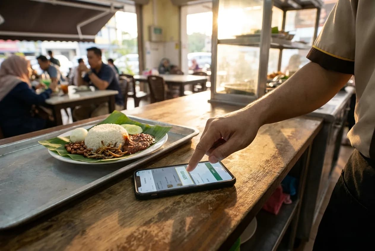 Tangan pelayan mengetuk layar ponsel untuk menandai pesanan sebagai served di kasir restoran kecil, hidangan siap saji menunggu di atas nampan di dekatnya
