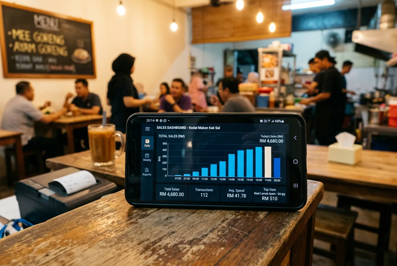 Layar ponsel menampilkan grafik analitik penjualan restoran sederhana, tergeletak di kasir restoran kecil