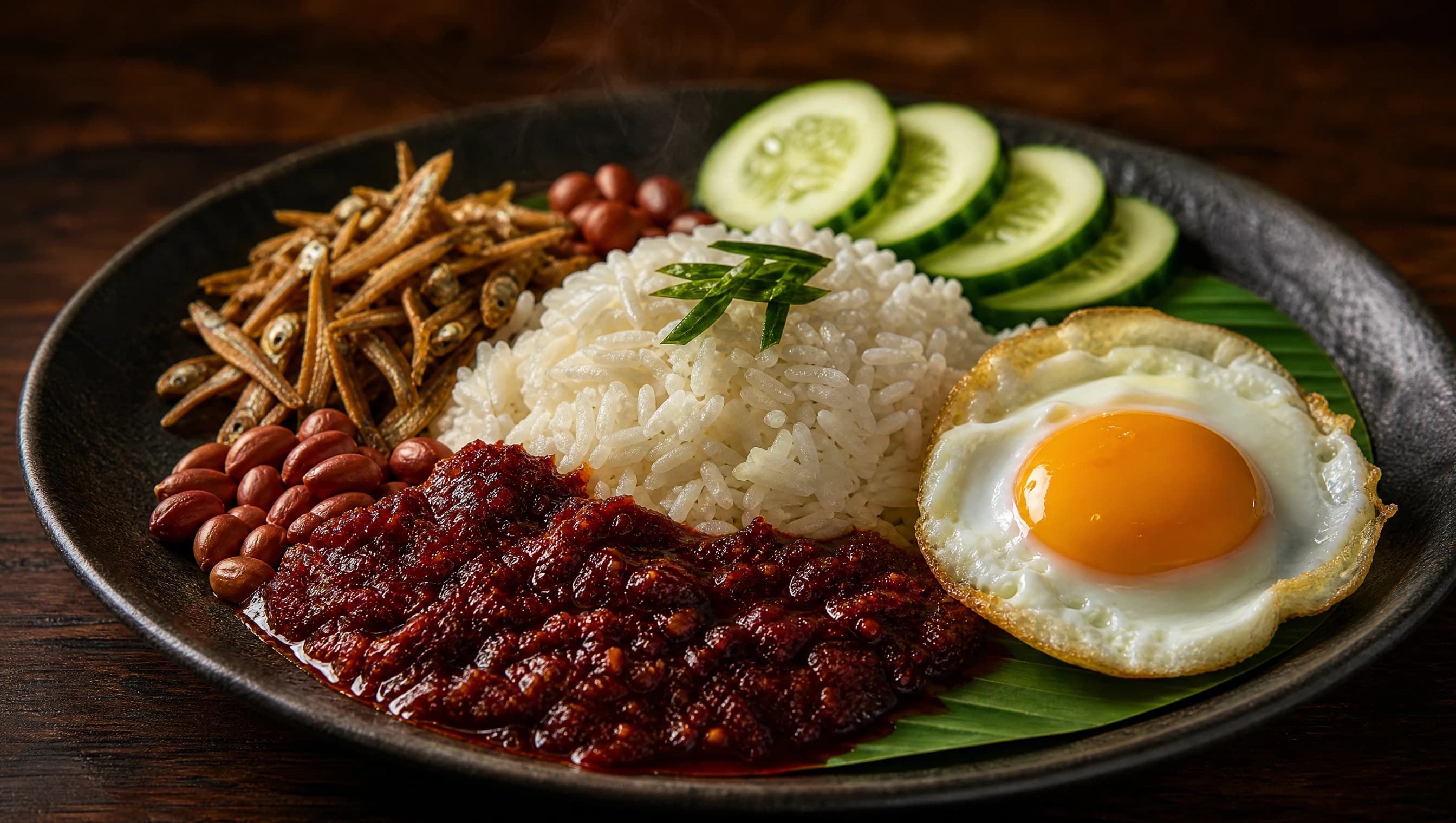 Sepiring nasi lemak dengan pencahayaan menarik seperti foto menu premium