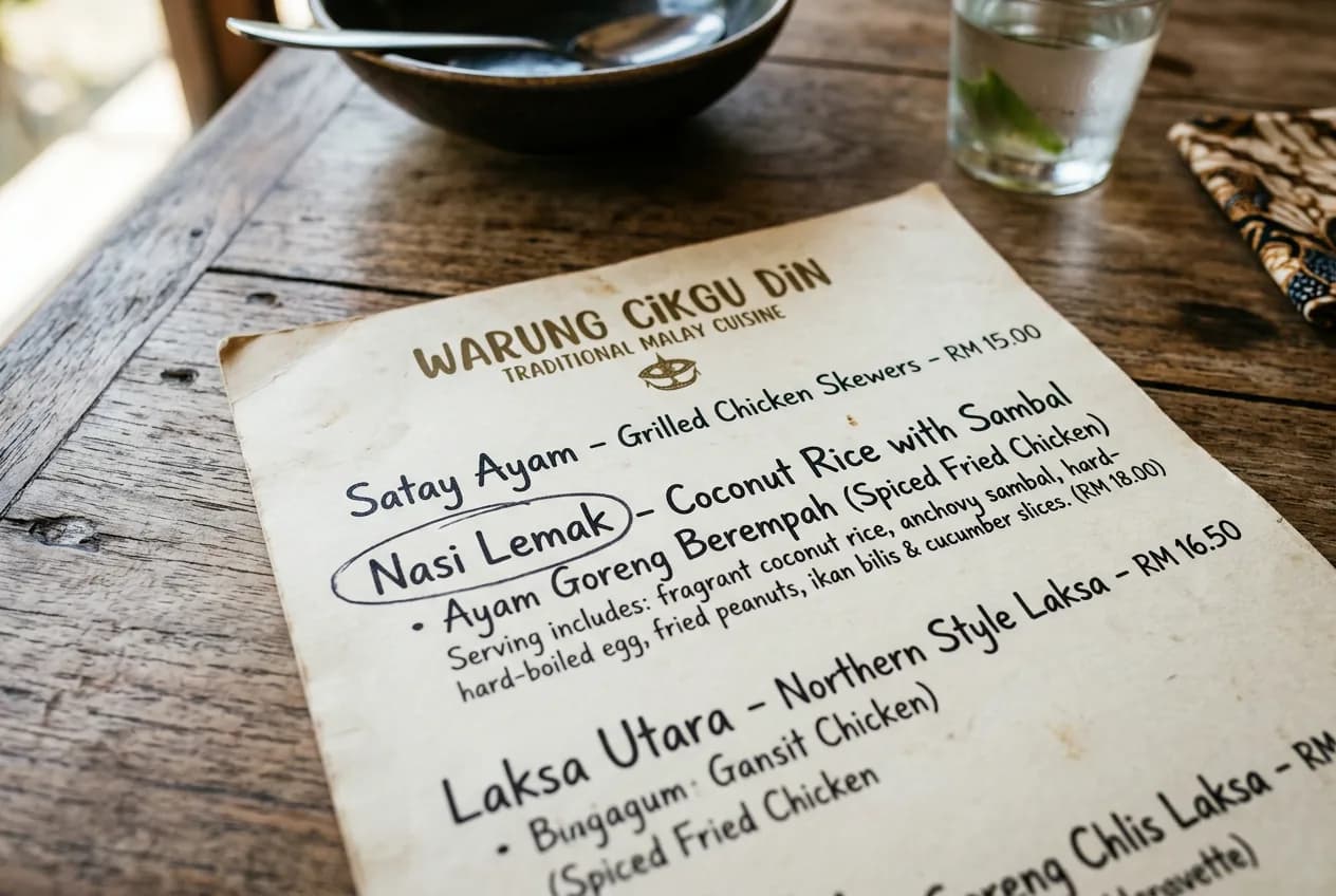 Kad menu restoran Malaysia bercetak, rehat atas meja kayu, nama hidangan ditulis tangan dalam Bahasa Inggeris dan Melayu