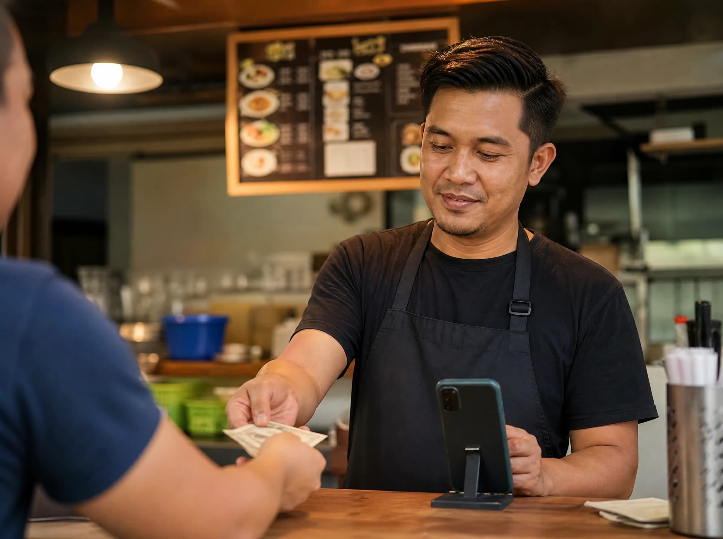 A solo restaurant owner working the front counter alone, taking cash from a customer while glancing at his phone
