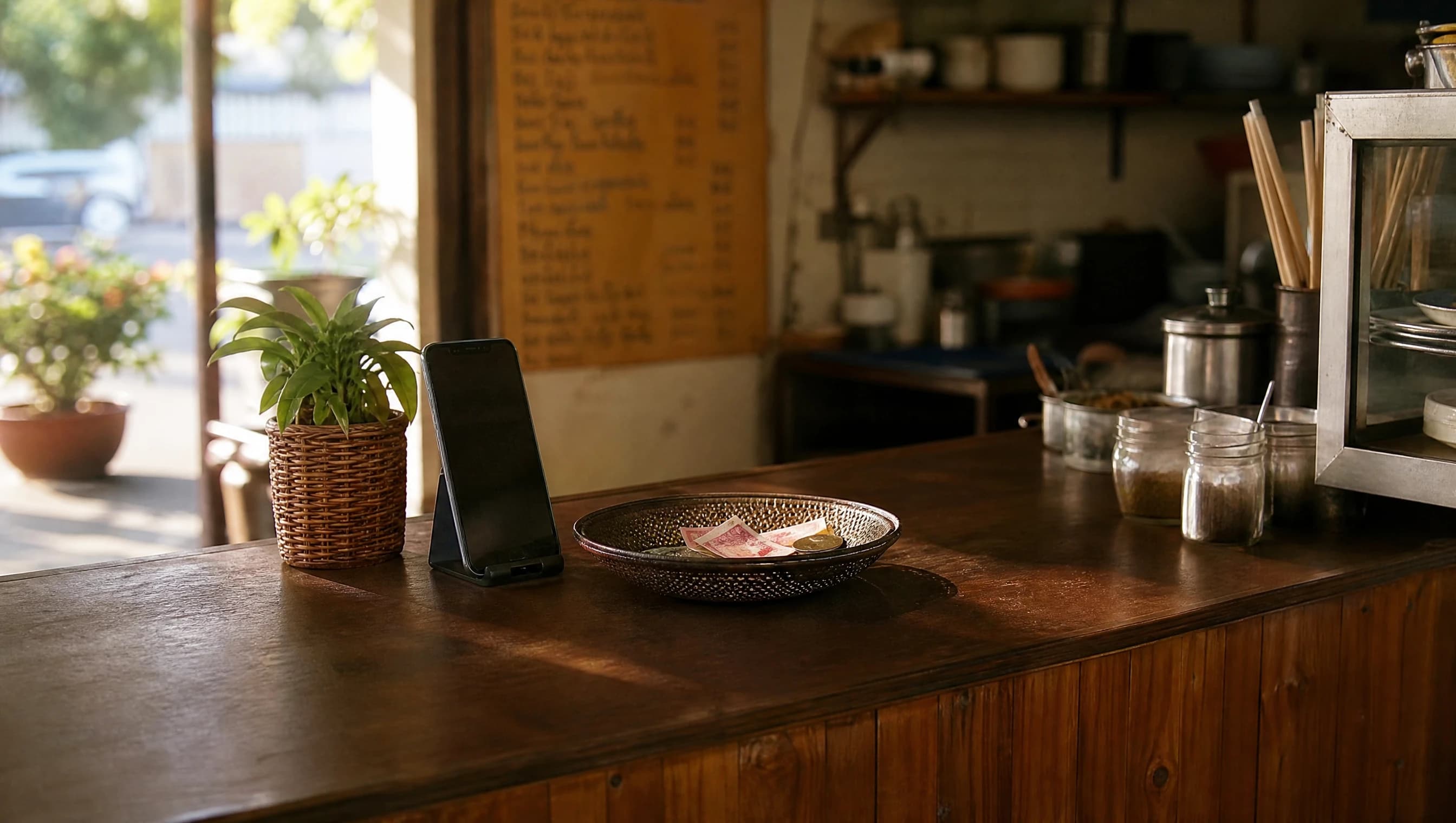 A small, tidy independent restaurant counter with just a phone and a simple cash tray in warm morning light