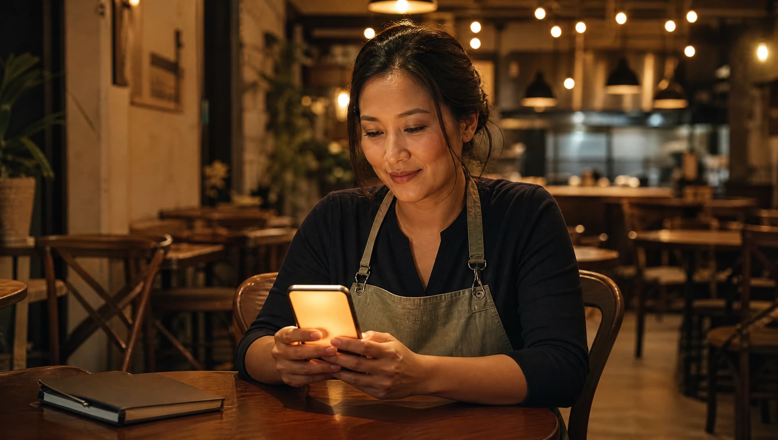 Pemilik restoran menyemak analitik jualan di telefon di meja kafe selepas waktu operasi