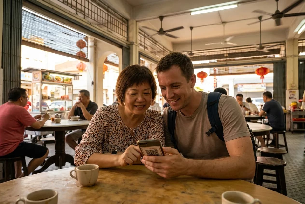 Dua pelanggan, seorang pelancong dan seorang tempatan, sama-sama condong lihat skrin telefon yang sama, layari menu QR bersama di meja kafe kecil