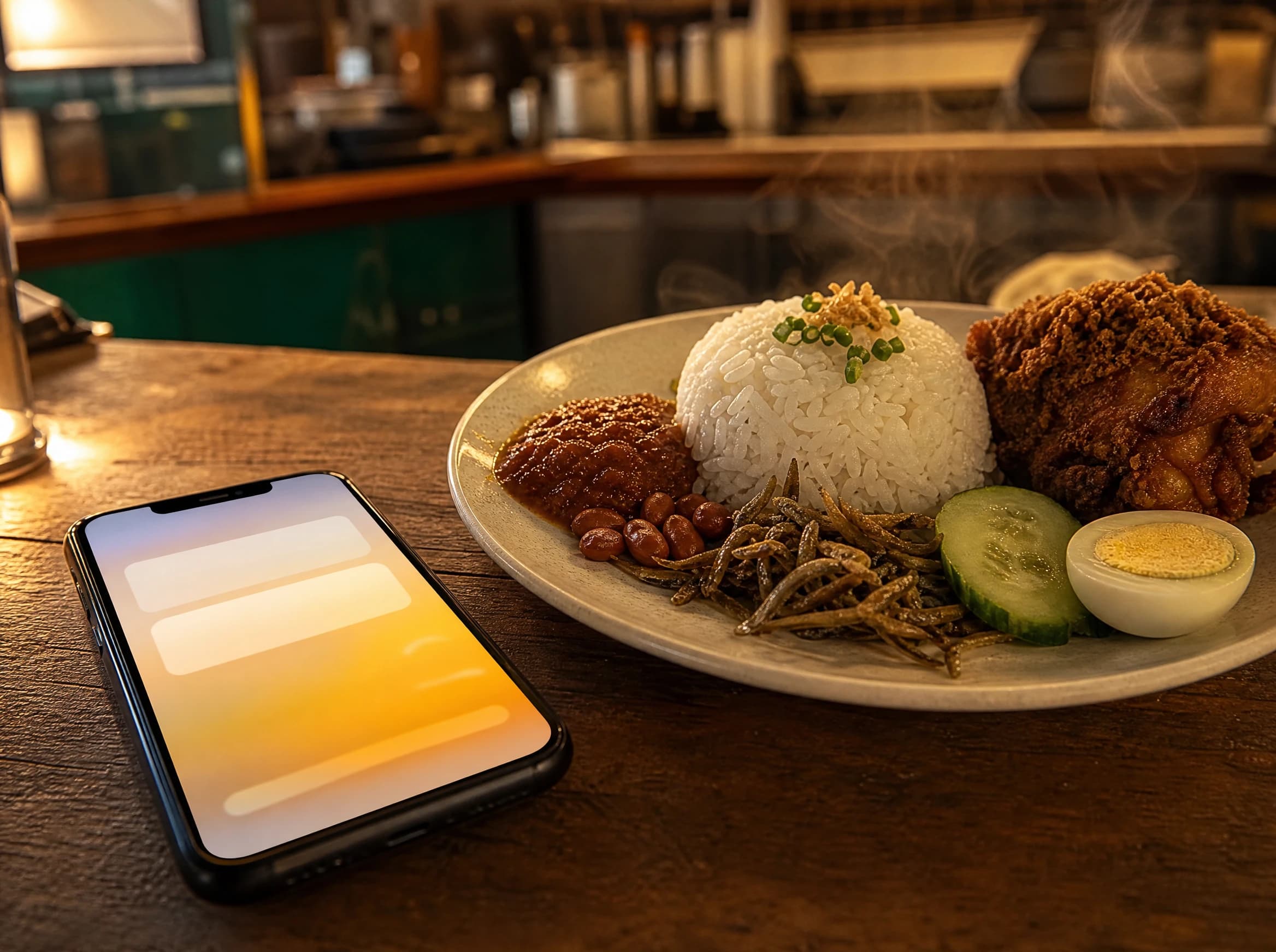 Ponsel dengan cahaya lembut di atas meja kafe, di samping hidangan yang tersaji