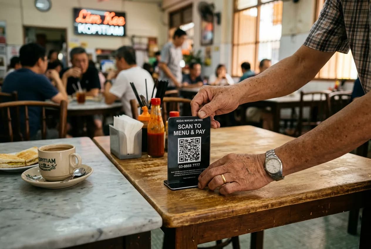 Pemilik restoran meluruskan kartu meja kode QR yang miring di meja kayu