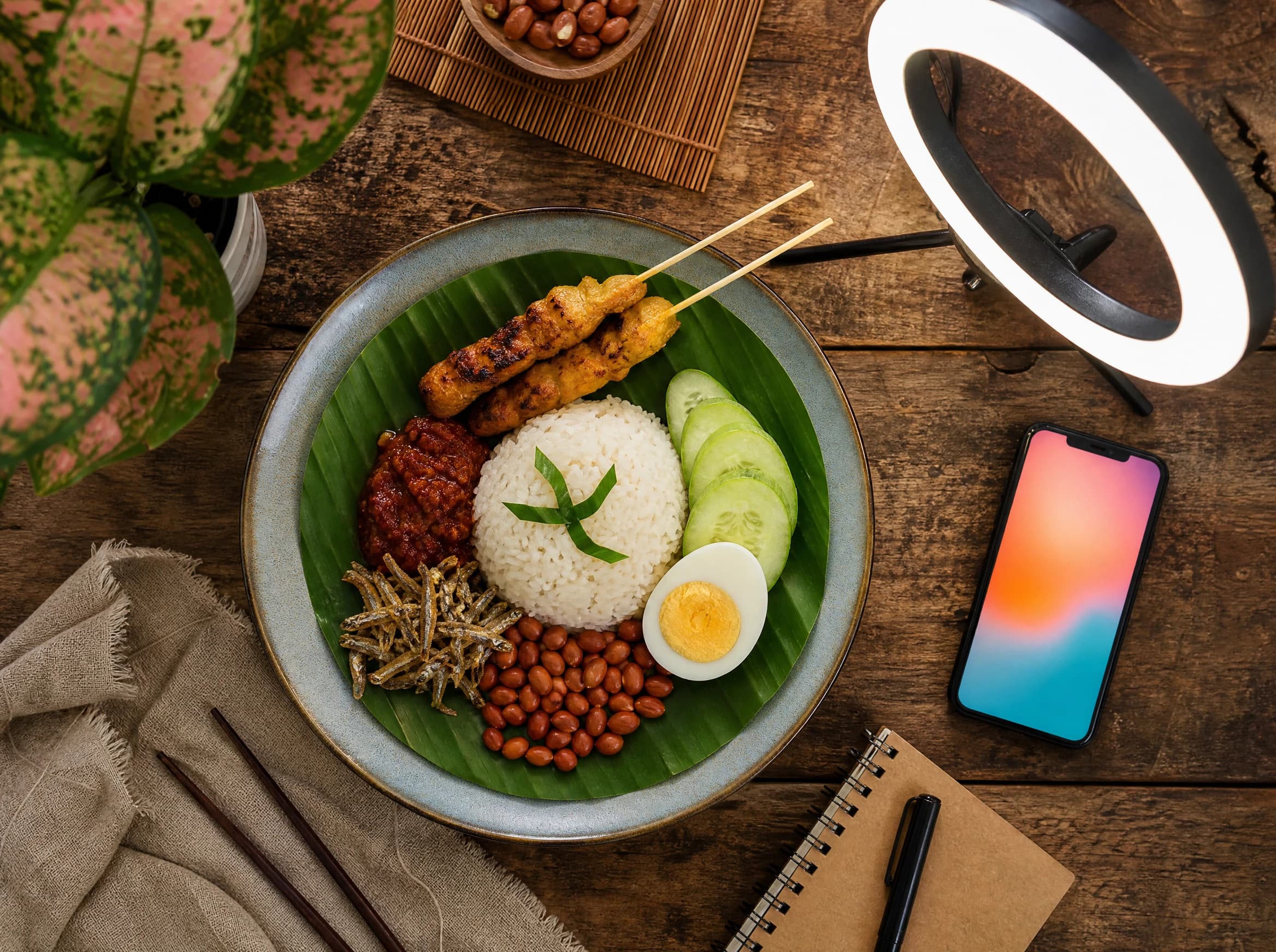Tata letak dari atas: ponsel, ring light, dan hidangan Indonesia yang ditata untuk sesi foto