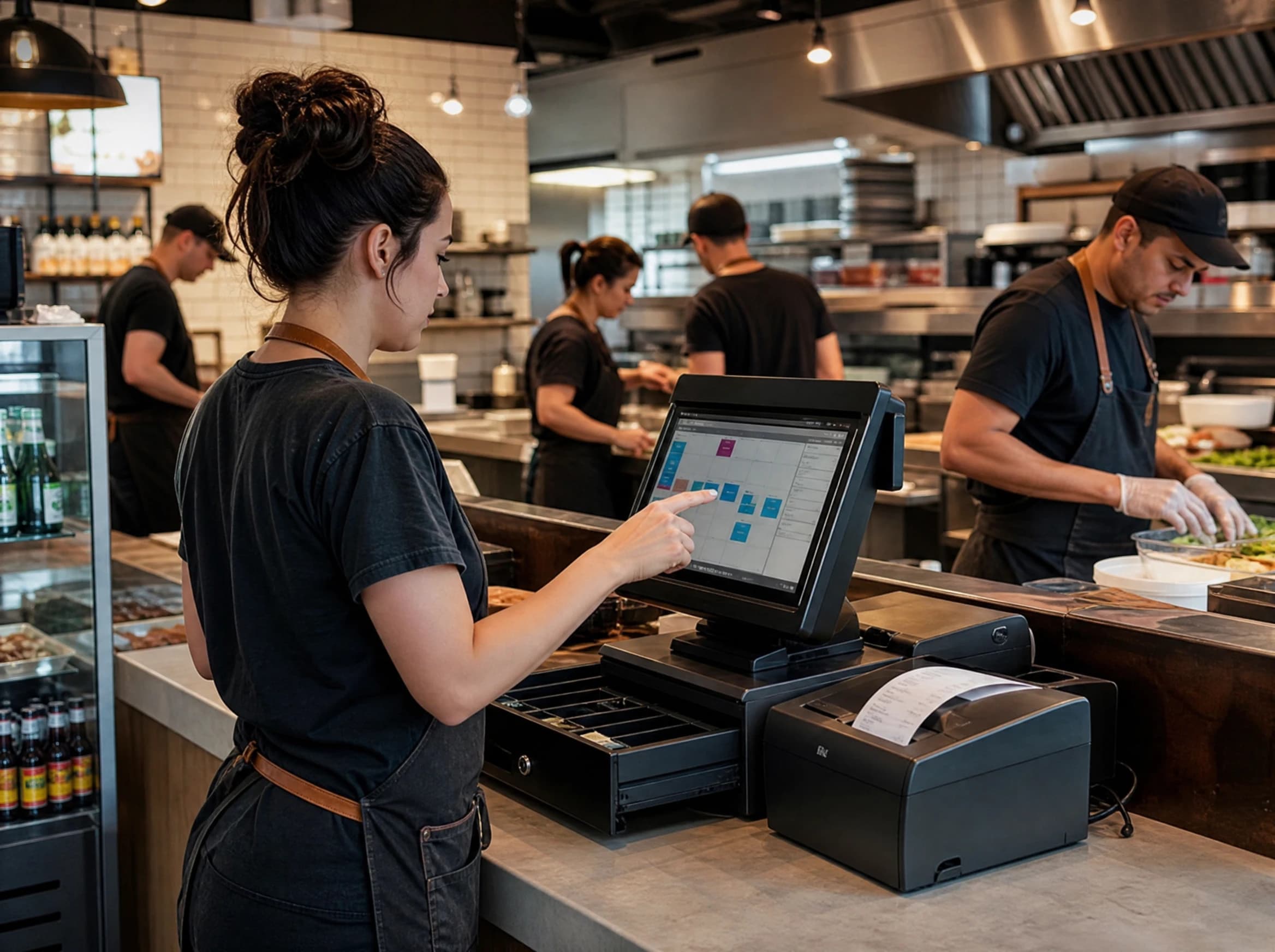 A busier restaurant counter with a chunky commercial POS terminal, receipt printer, and multiple staff on shift