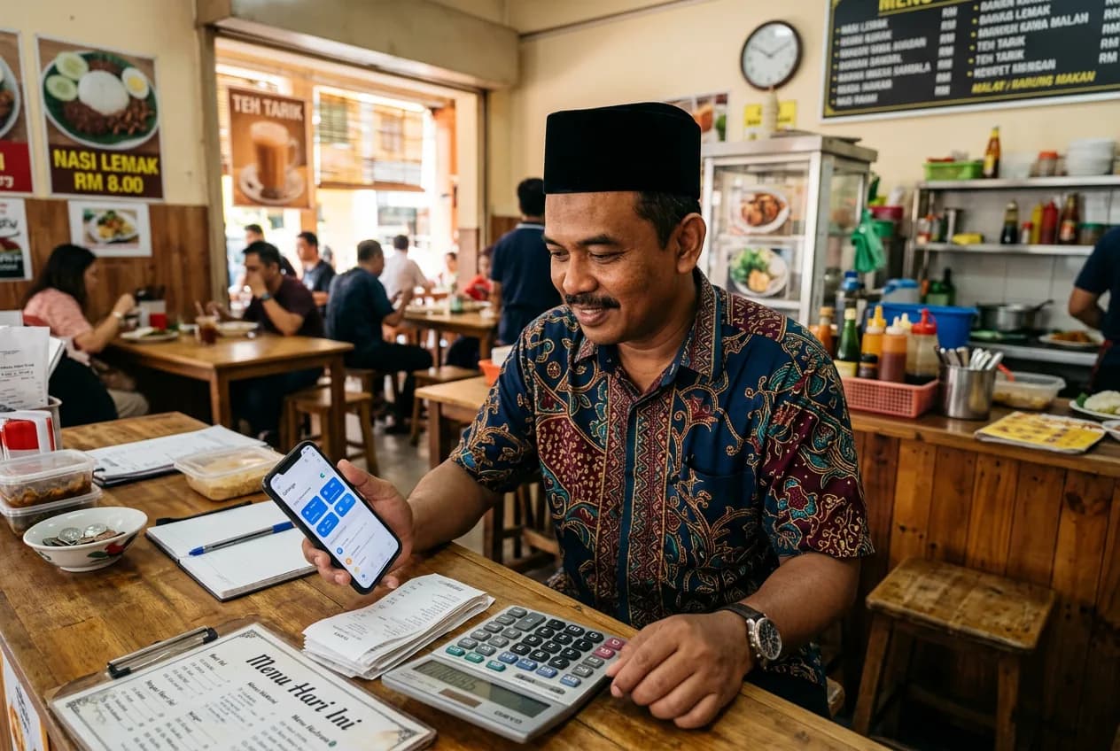 A restaurant owner looking at a phone screen with settings toggles, seated at a small restaurant counter with a calculator nearby
