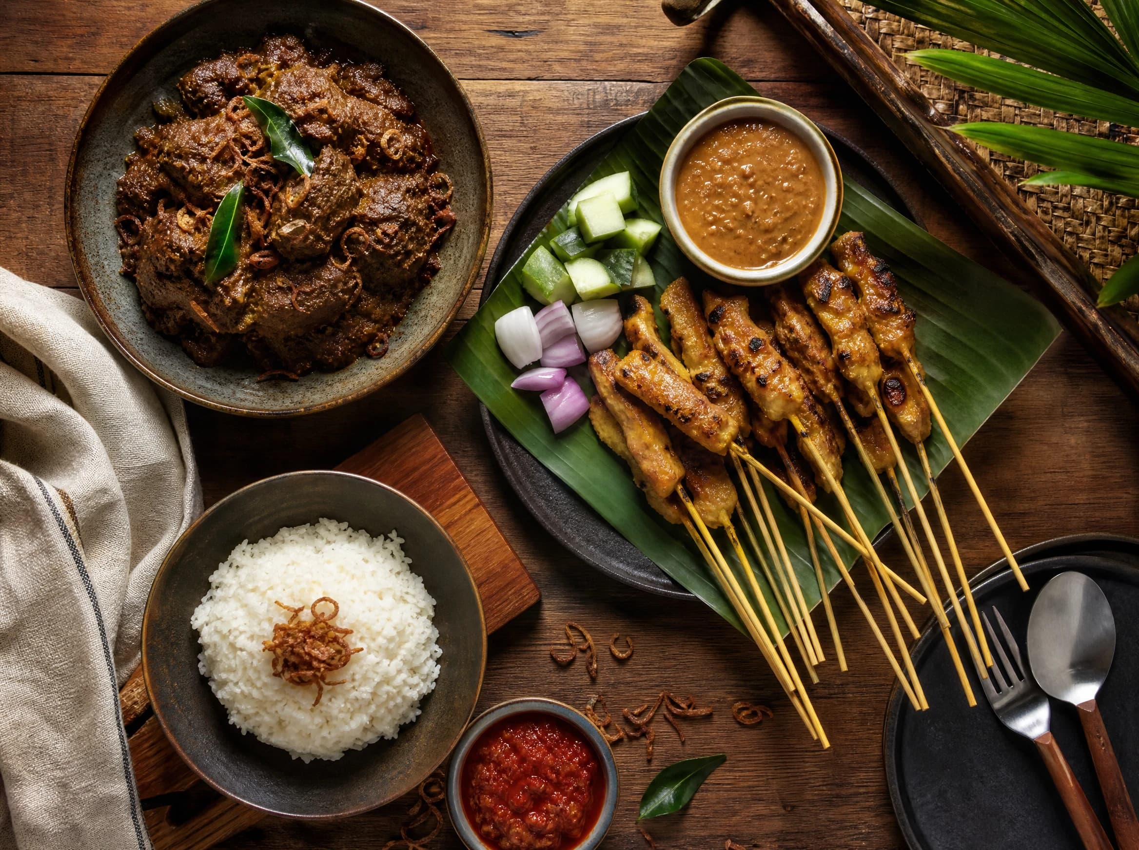 Tatanan dari atas hidangan Malaysia yang ditata menarik di bawah cahaya alami hangat