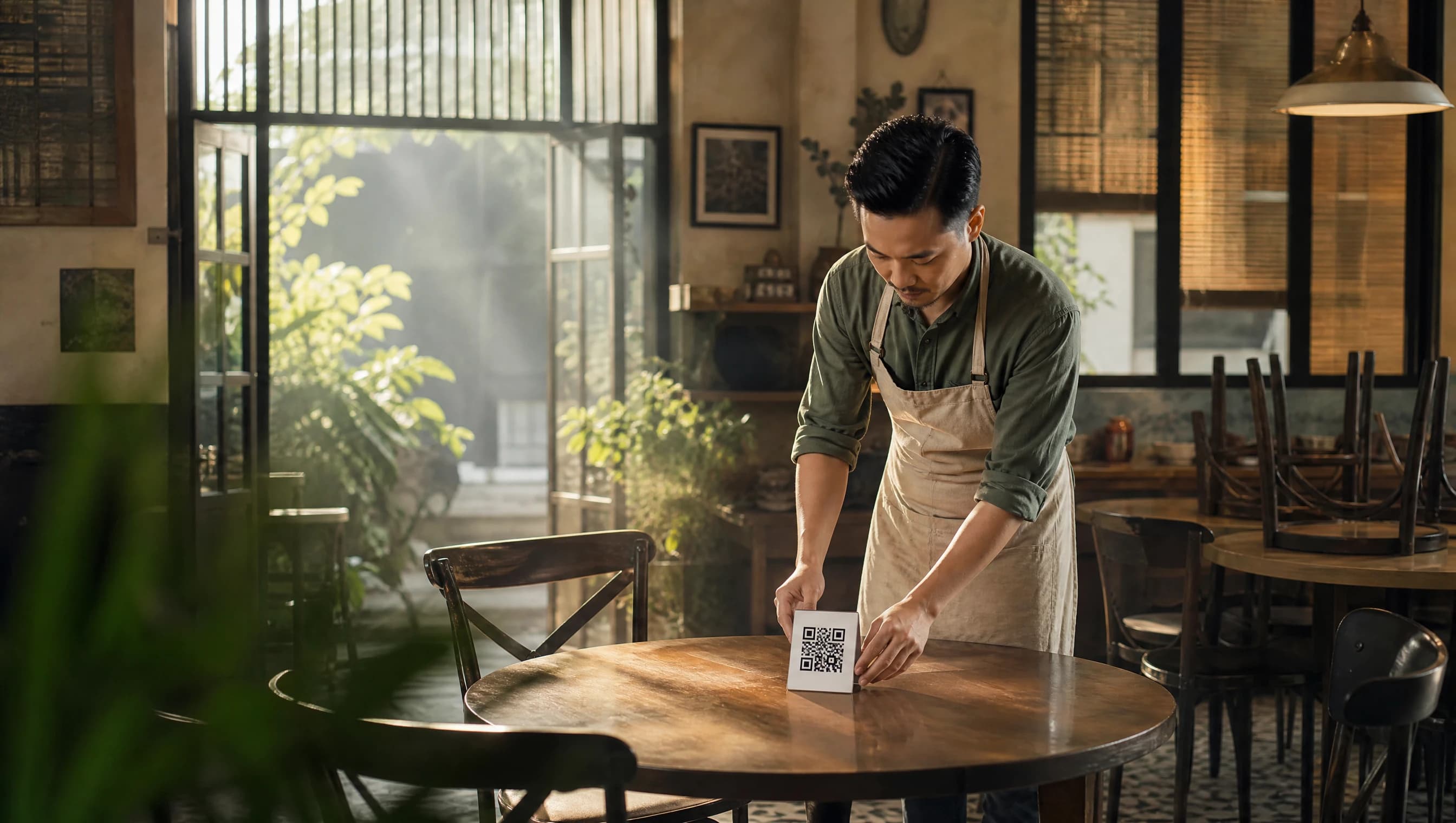Pemilik restoran berapron menaruh kartu table-tent QR di meja kosong dengan cahaya pagi yang lembut sebelum jam buka