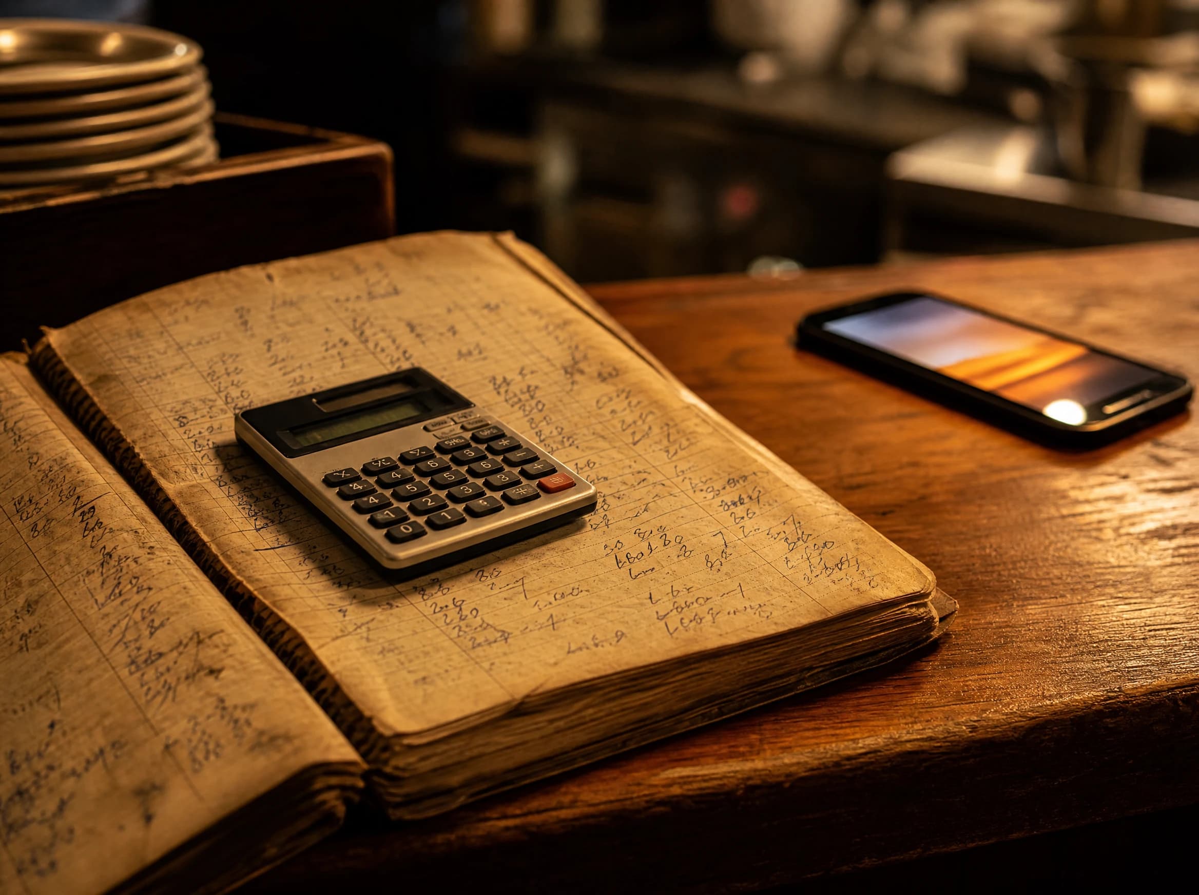 Buku ledger kertas lama dan kalkulator di kaunter restoran, dengan telefon di latar belakang
