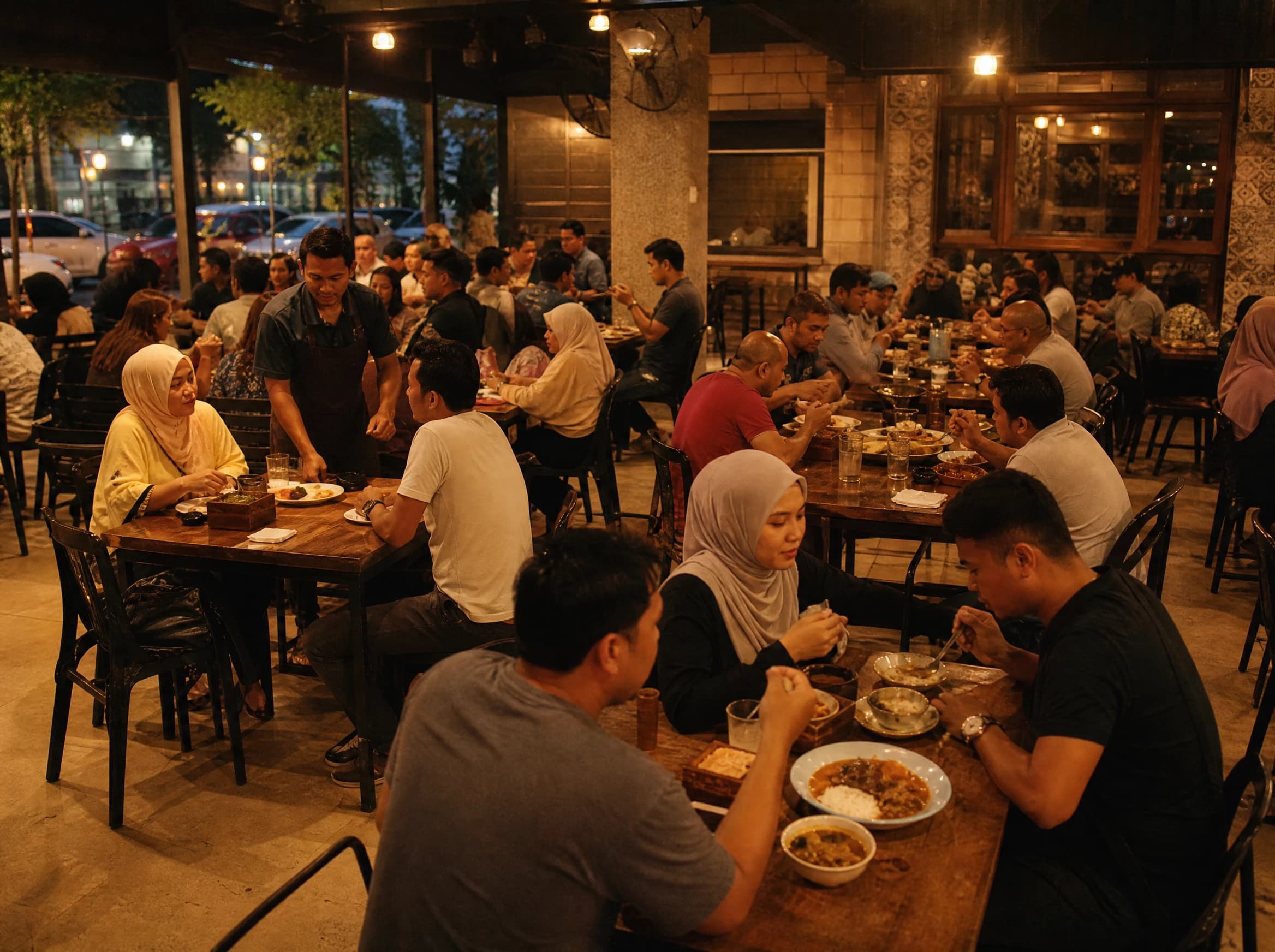 Restoran yang sibuk pada waktu makan malam paling ramai, meja penuh dan suasana meriah