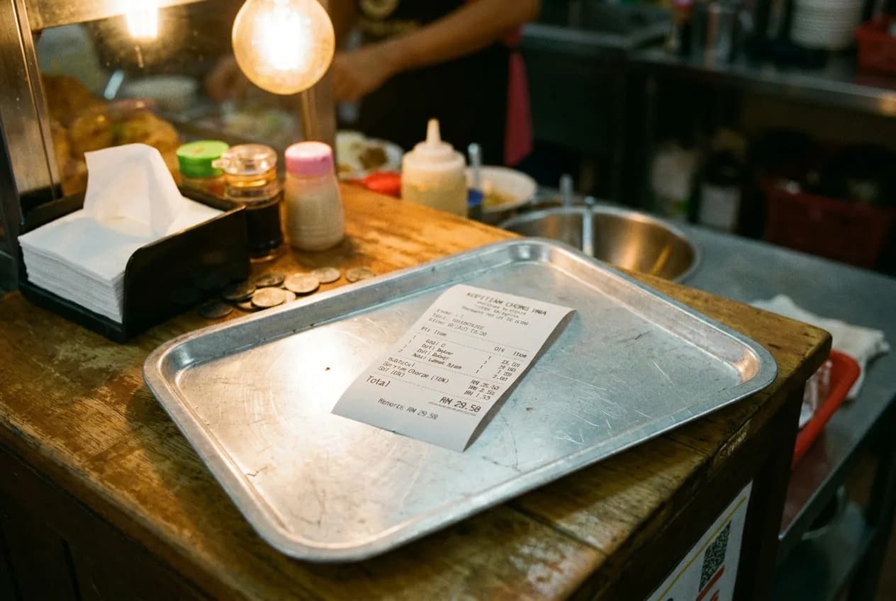 A printed restaurant receipt on a small metal tray at a Malaysian kopitiam counter, showing subtotal, service charge and tax lines clearly