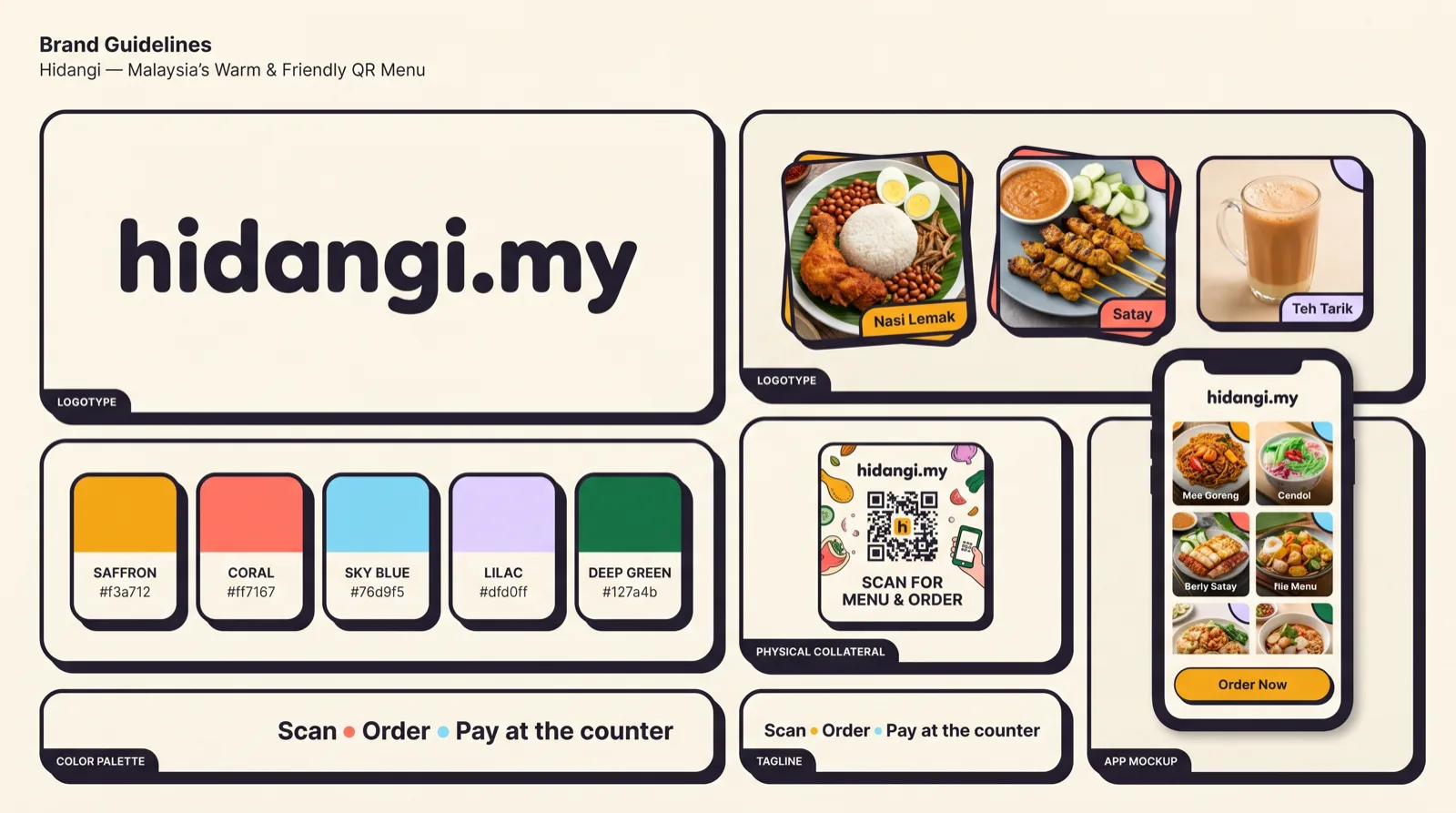 Hidangi brand board — logo, food photography, QR menu and colour system on a warm cream grid