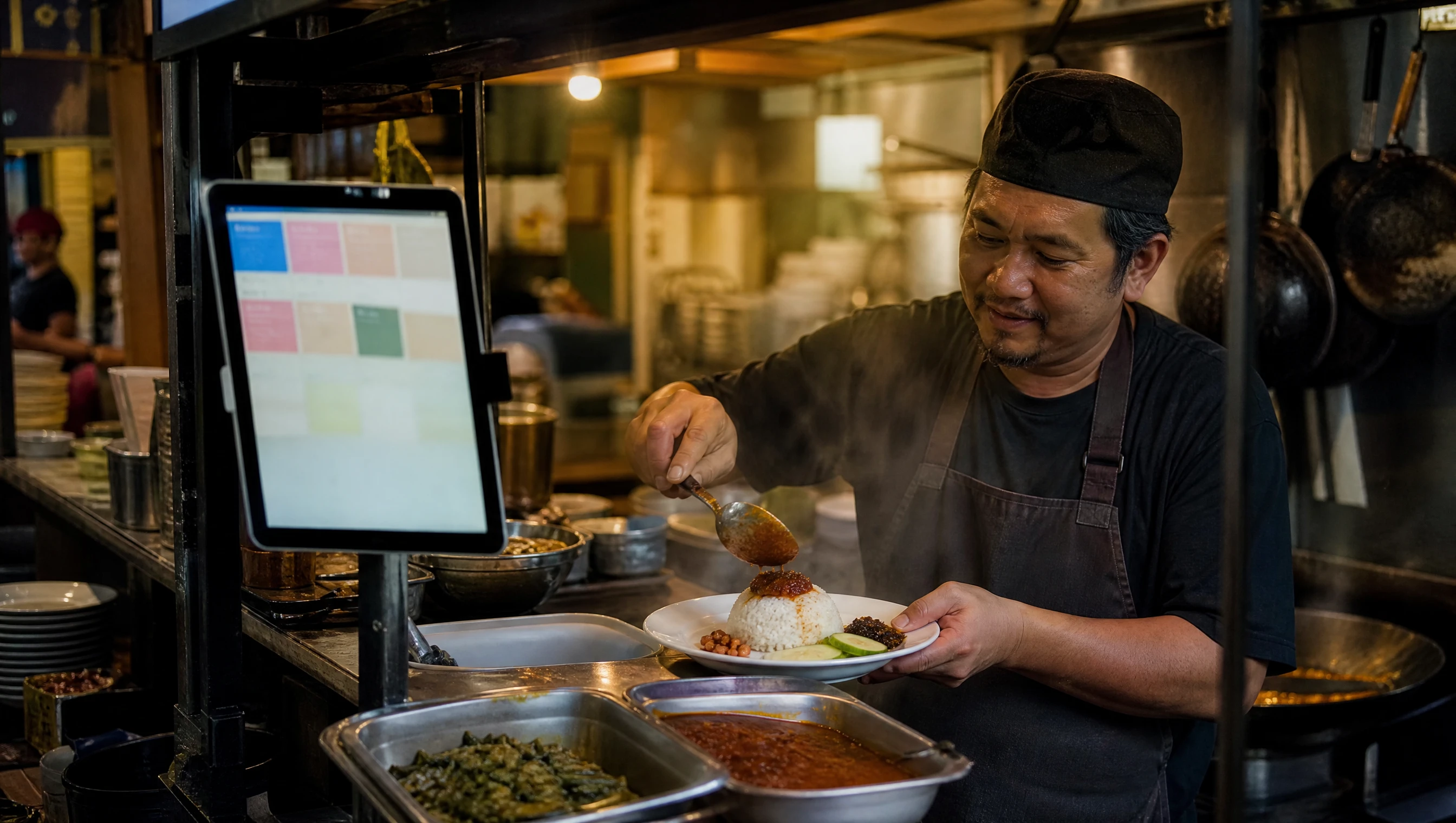 Dapur restoran kecil dengan tablet menampilkan kartu pesanan, koki sedang menata makanan