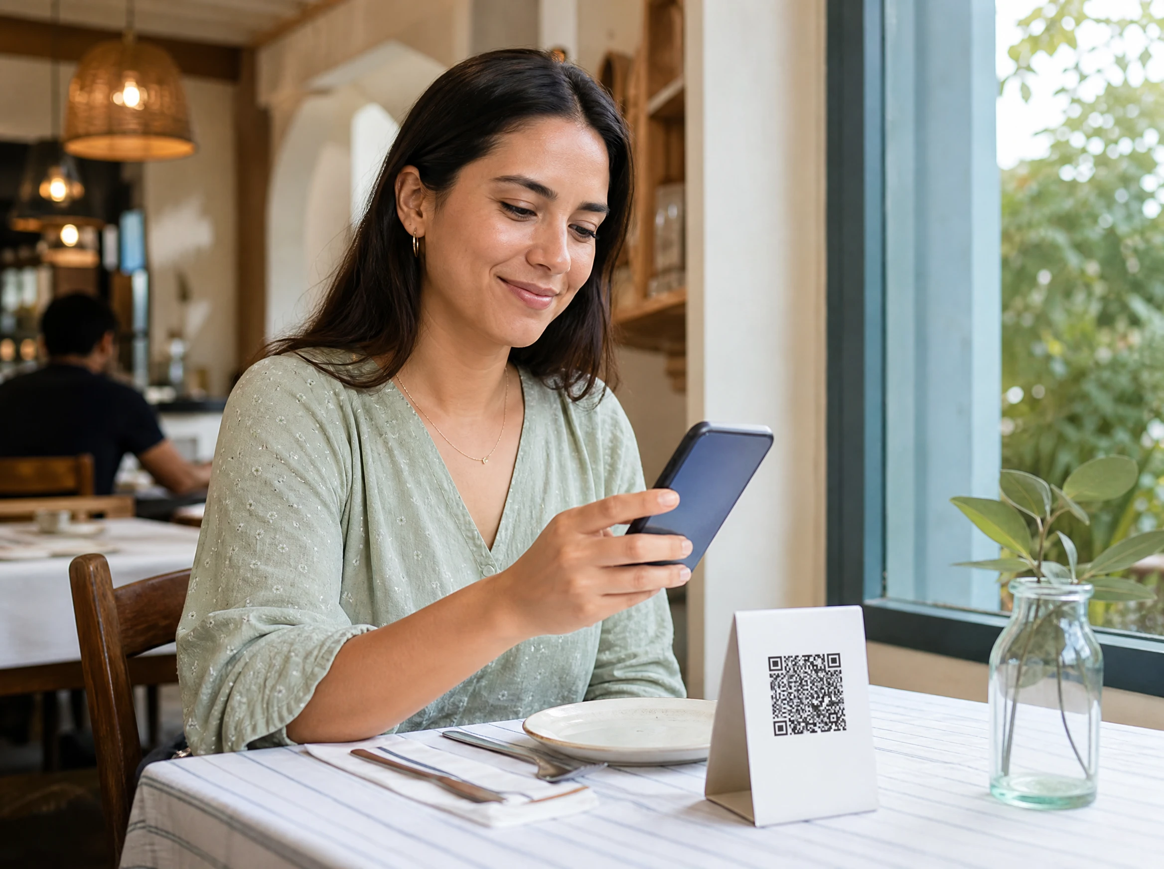 A relaxed customer scanning a QR code at a restaurant table to place an order
