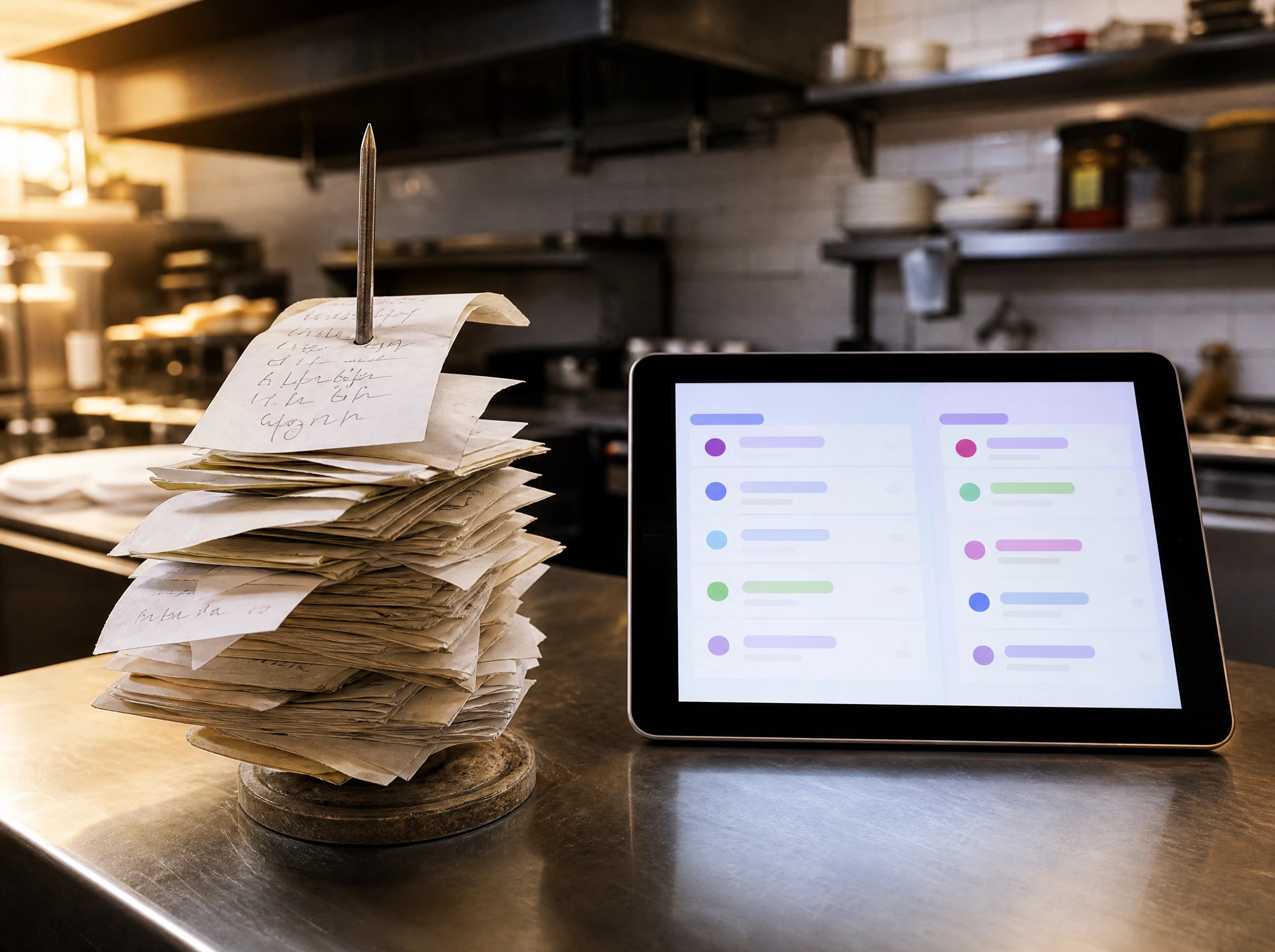 Spike berisi tiket kertas tulisan tangan di samping layar tablet yang menyala, kontras metode lama dan baru