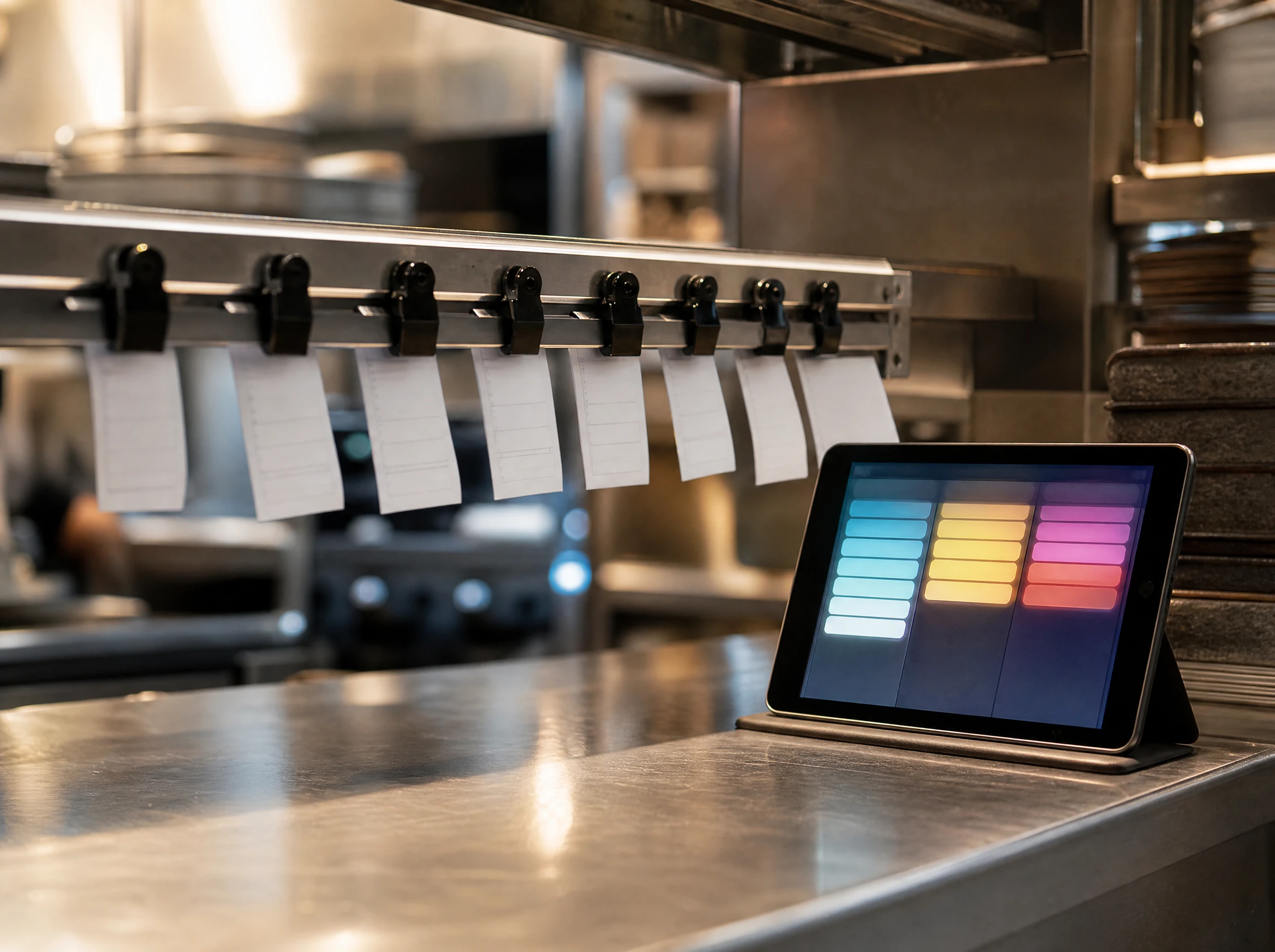 A calm, organized kitchen order board showing a structured queue of orders