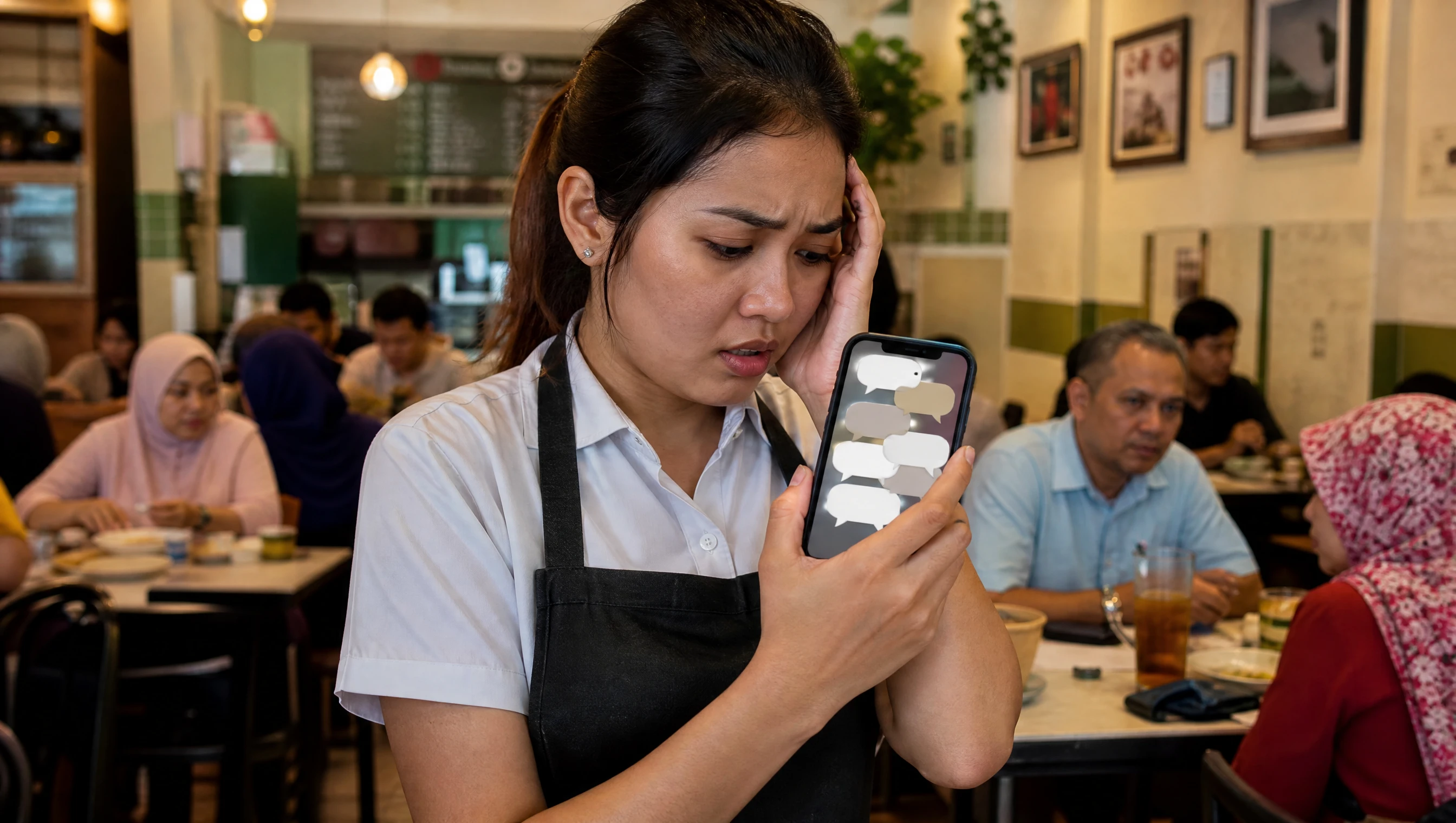 A restaurant staff member overwhelmed by phone notifications while trying to keep track of orders