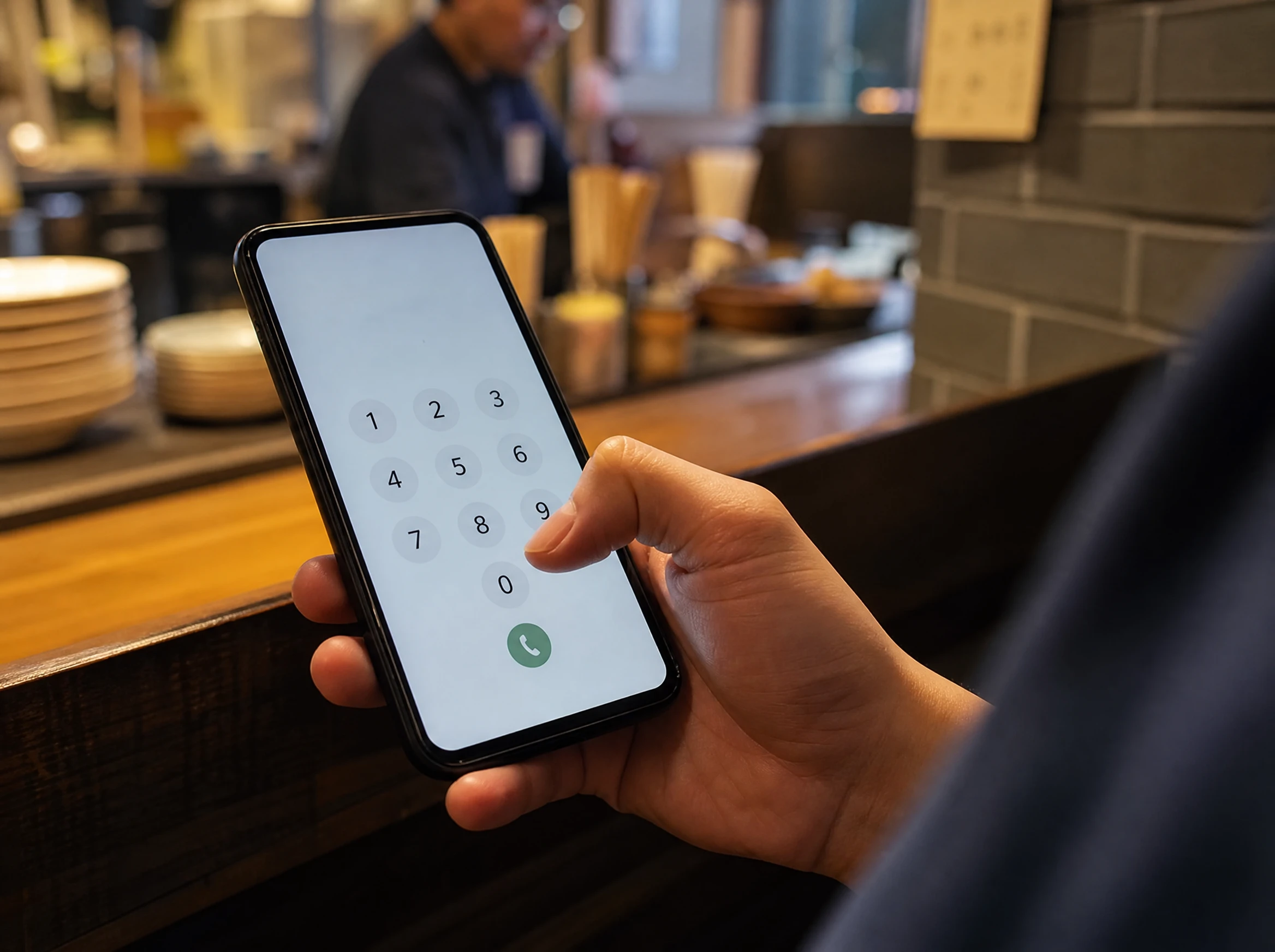 Tangan pelanggan memasukkan nomor telepon di kasir restoran