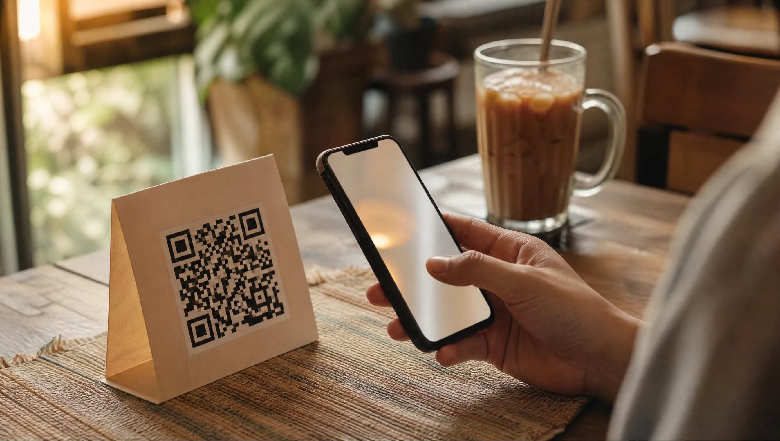 Tangan pelanggan memindai kode QR di kartu meja sebuah kafe kecil di Malaysia