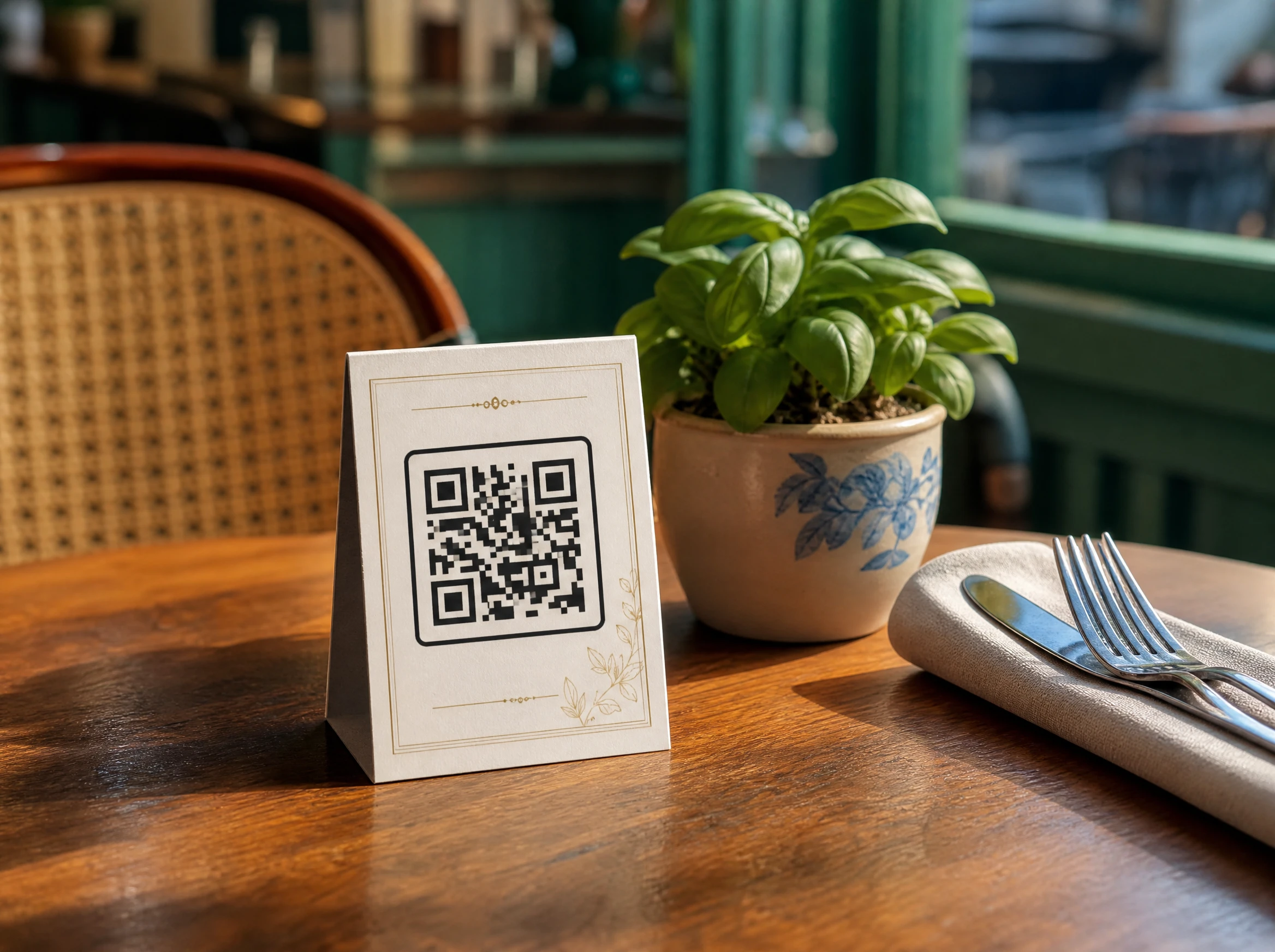 Kartu meja kode QR cetak di atas meja restoran kayu, di samping peralatan makan dan tanaman pot kecil